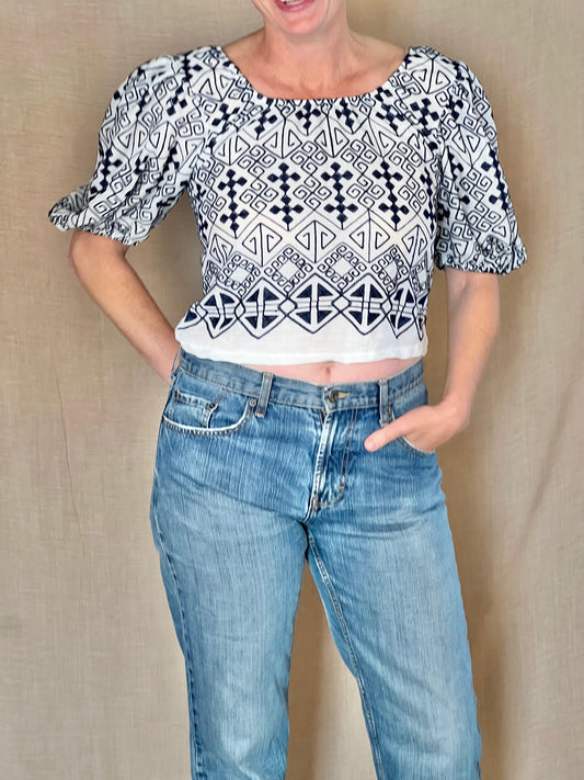 Blue/White Embroidered Coco Puff Sleeve Top