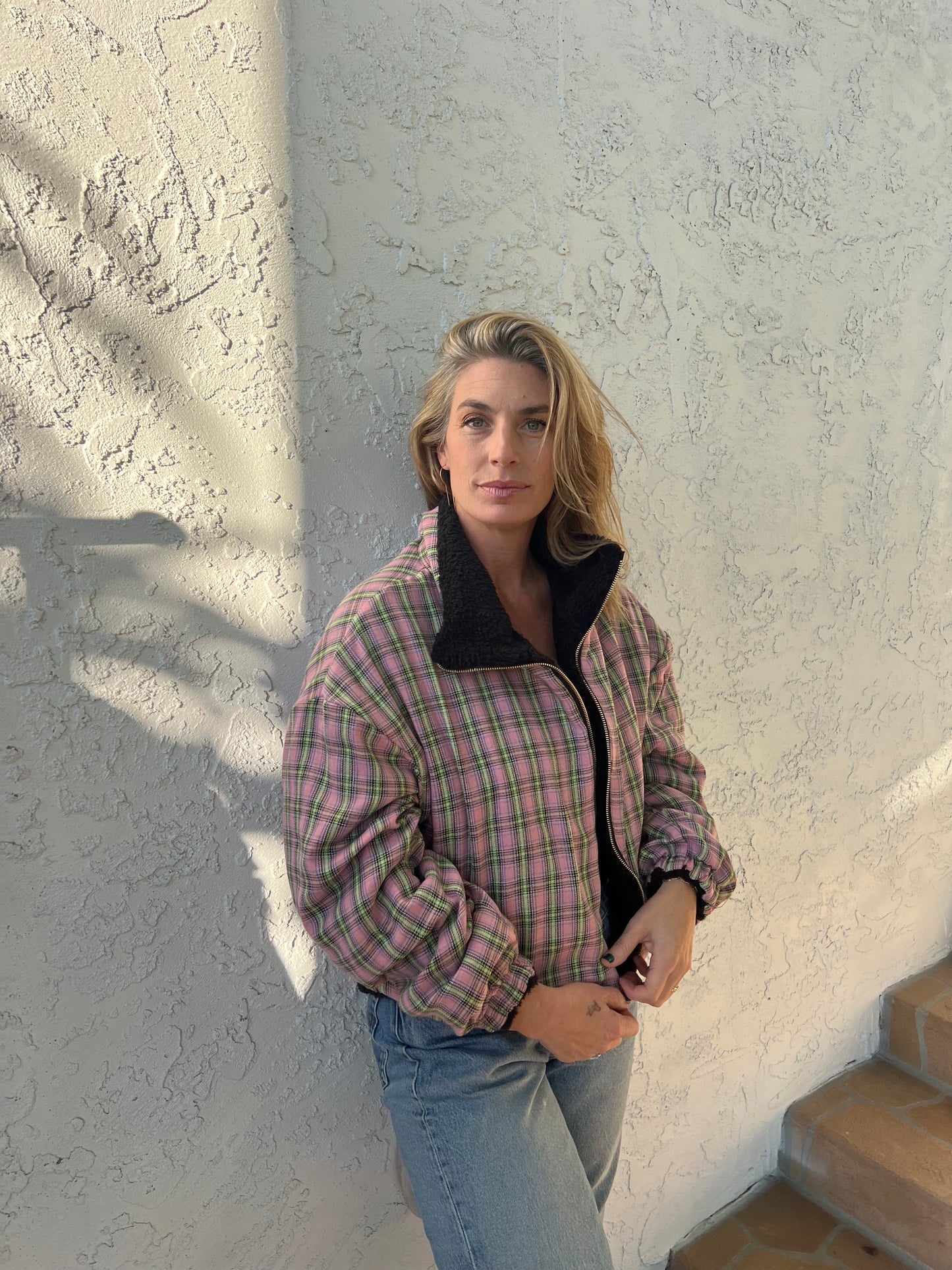 Cozy pink plaid reversible jacket