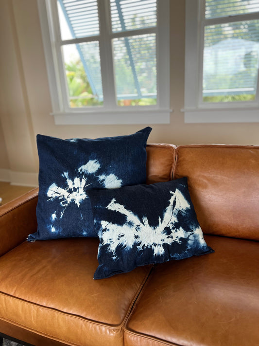 Hand-dyed denim sunburst pillow cover