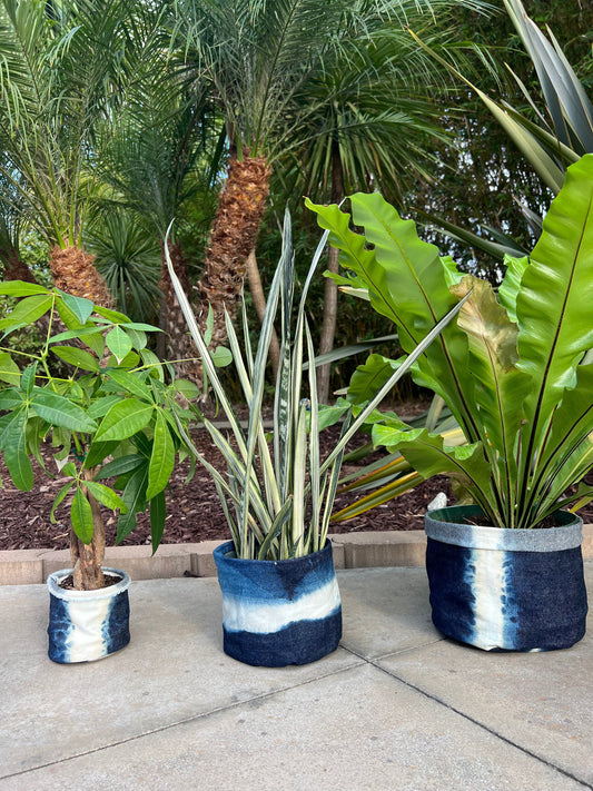 Hand-dyed denim plant pot set